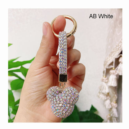 High Quality Strass Rhinestone Mickey Head Keychain Animal Full Crystal Ball Leather Lanyard Key Chain Cute Bag Charms Jewelry