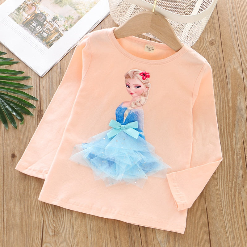 New Tee Shirt Girl Clothing Long Sleeves for Children's T-shirt Girls  Tops Sofia Quality Cotton Frozen Elsa Kids Clothes Ariel