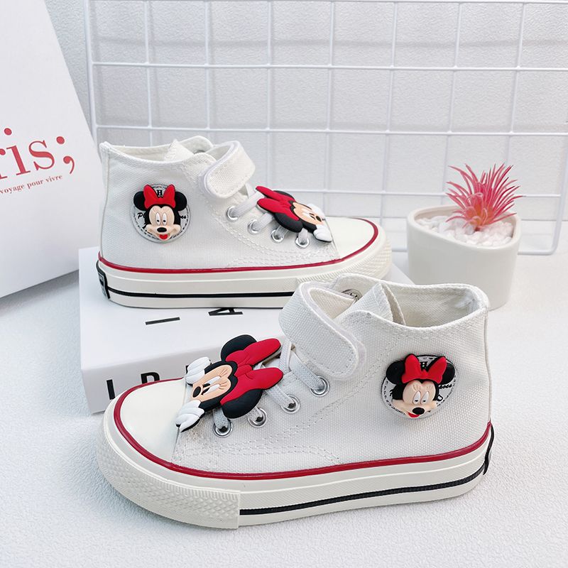 Disney Girls' Canvas Casual Shoes White Children's Autumn Minnie Mickey Mouse Cartoon White Breathable Walking Shoes Size 24-37