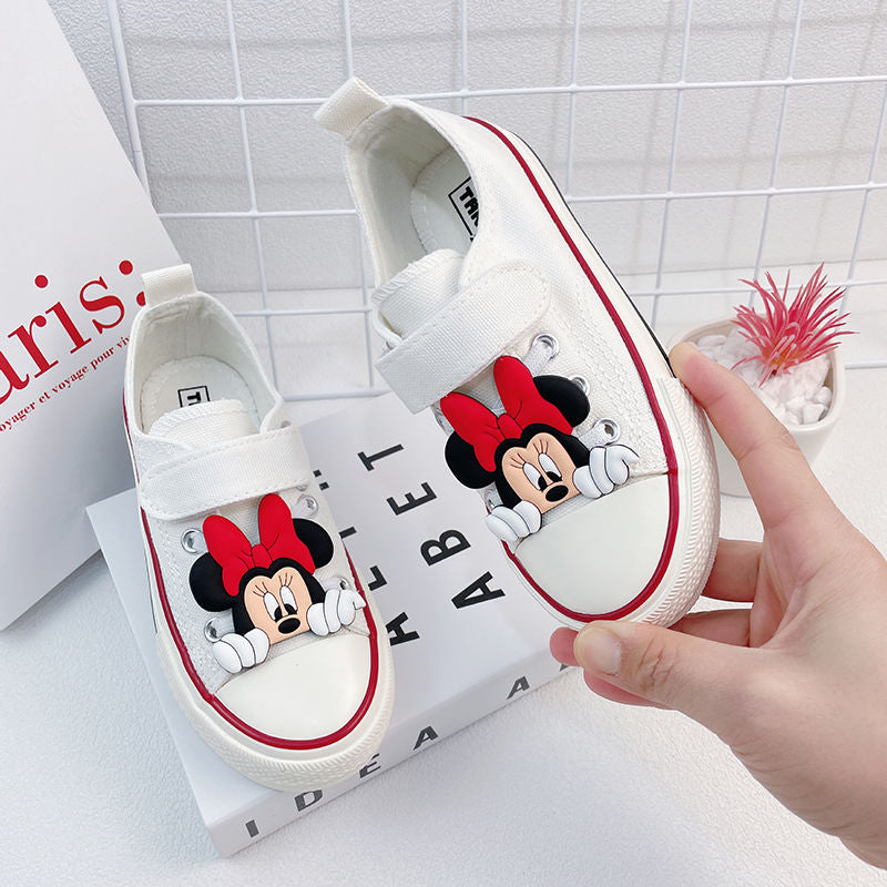 Disney Girls' Canvas Casual Shoes White Children's Autumn Minnie Mickey Mouse Cartoon White Breathable Walking Shoes Size 24-37