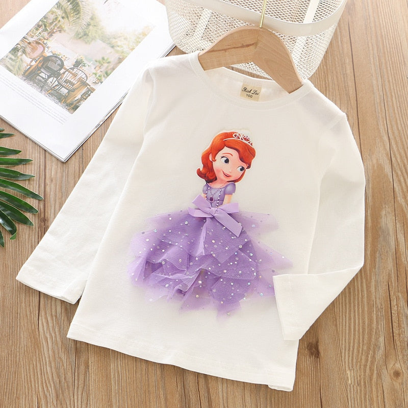 New Tee Shirt Girl Clothing Long Sleeves for Children's T-shirt Girls  Tops Sofia Quality Cotton Frozen Elsa Kids Clothes Ariel