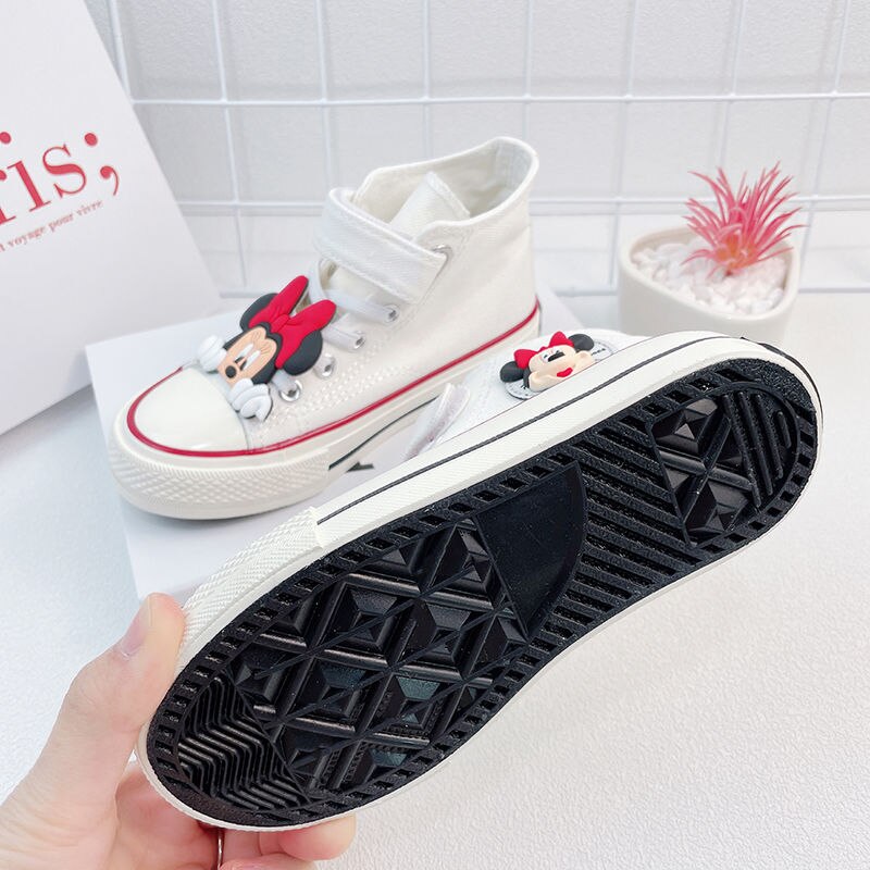 Disney Girls' Canvas Casual Shoes White Children's Autumn Minnie Mickey Mouse Cartoon White Breathable Walking Shoes Size 24-37