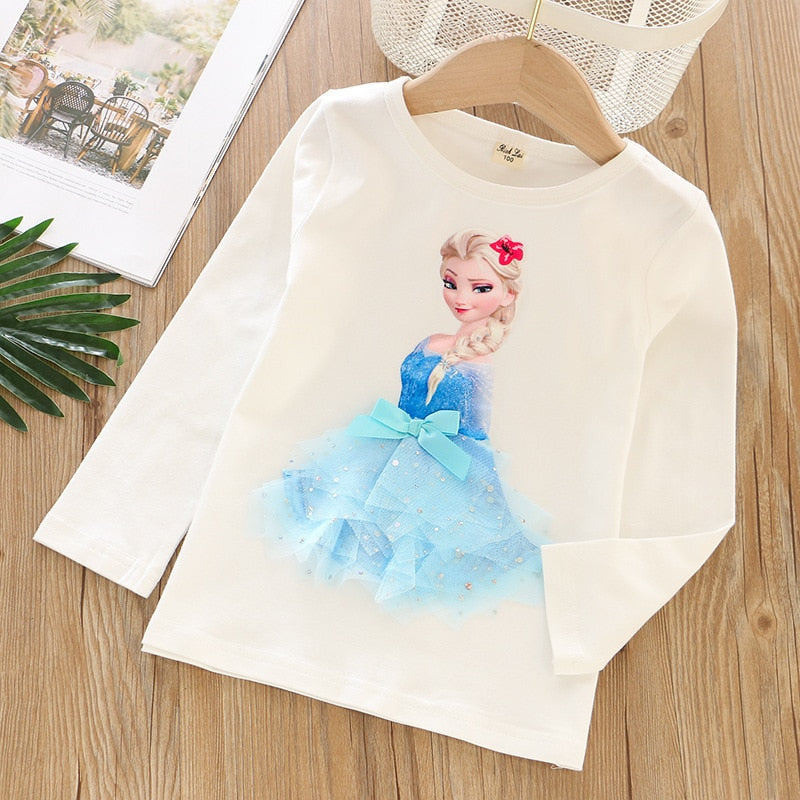 New Tee Shirt Girl Clothing Long Sleeves for Children's T-shirt Girls  Tops Sofia Quality Cotton Frozen Elsa Kids Clothes Ariel