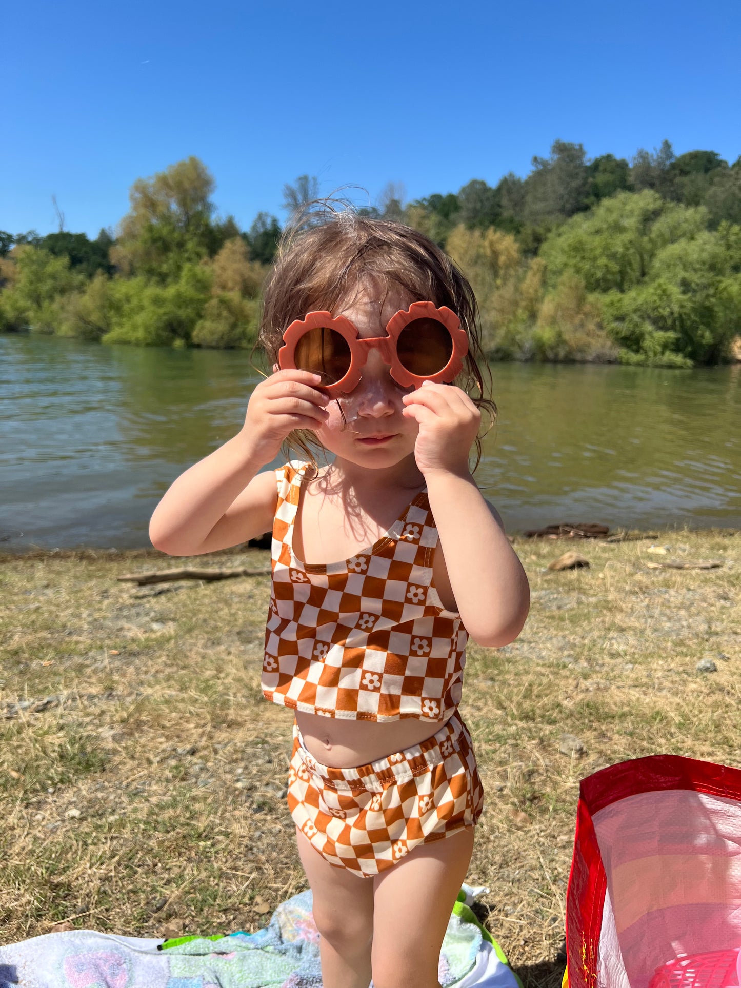 Checkered Smiley Brown Toddler 2 piece Swimsuit