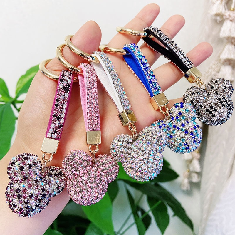 High Quality Strass Rhinestone Mickey Head Keychain Animal Full Crystal Ball Leather Lanyard Key Chain Cute Bag Charms Jewelry