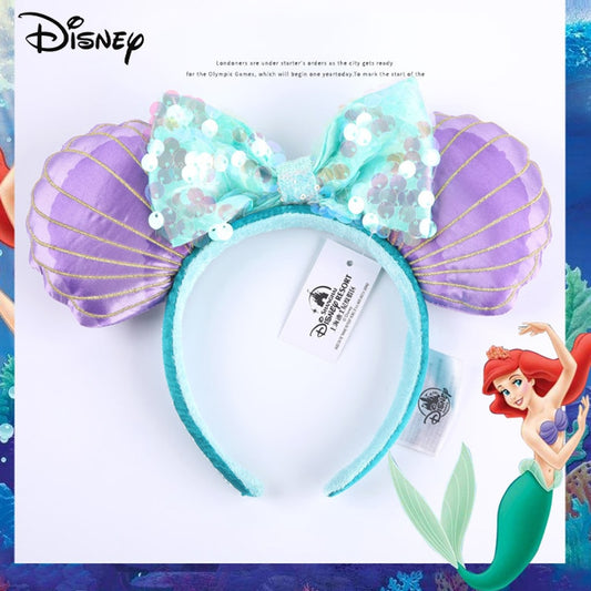 Disney Mickey Ears Ariel Princess Disneyland Beauty Fashion Bowknot Headband Festival Party Decoration Headwear Girl Toy Gift